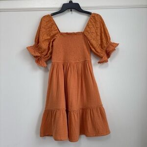 Umgee Marigold Smocked Bodice Puffy Sleeve Crinkle Gauze Mini Dress NWT